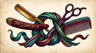Illustrated shears, comb, iron and flowing hair