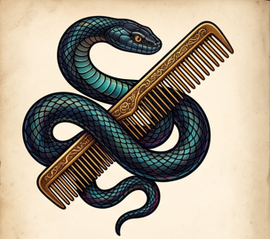 An illustrated serpent entwined with a barber comb