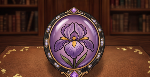 A jewel-framed mirror with an iris illustration