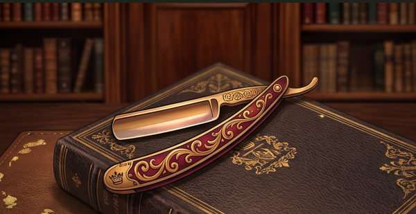 An engraved straight razor on a leather-bound book