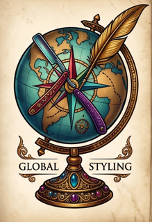 Illustrated globe with ornate styling instruments